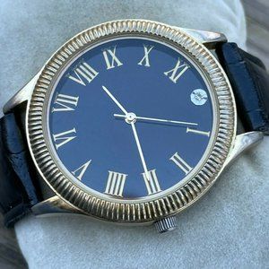 Merona Wrist Watch Gold Tone Case Black Leather Band Unisex Watch